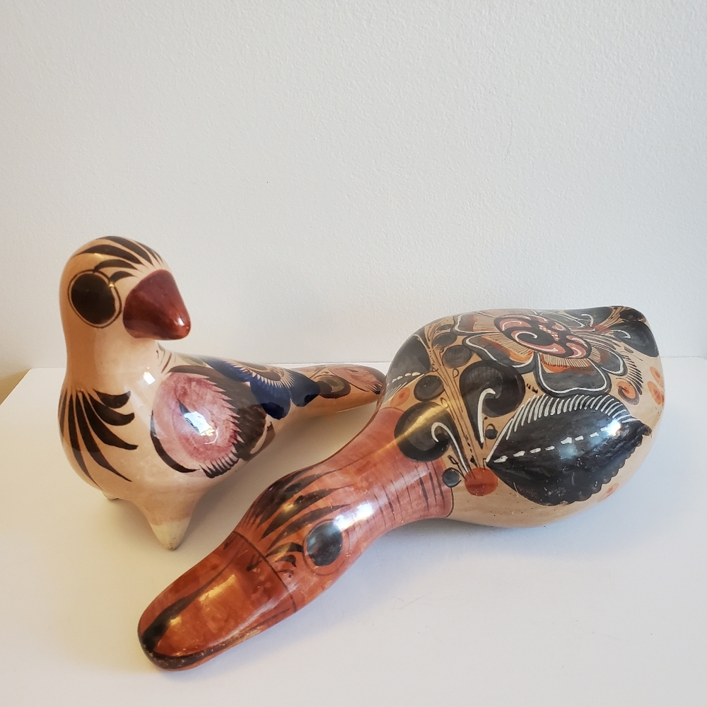 Mexican Tonala pottery duck and bird hand painted floral earth tones, Set Of 2